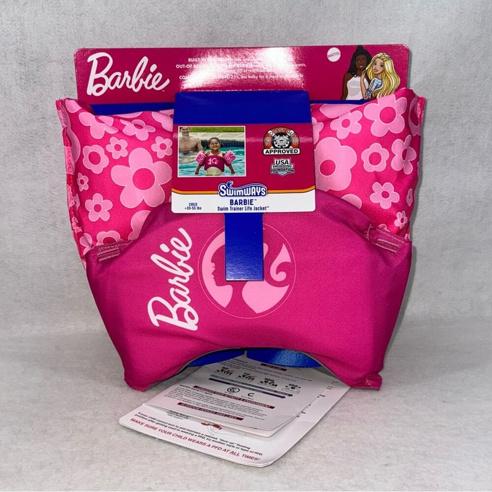 NWT Barbie Swimways Swim Trainer Life Jacket Child 33-55lbs Pink USCG Approved